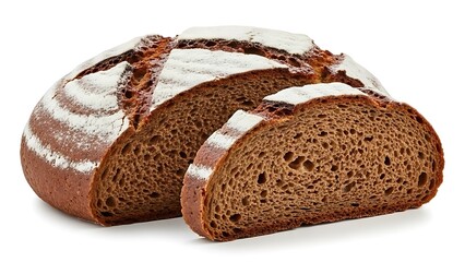 Rustic dark rye bread loaf with a slice cut showing porous texture and white flour dusting