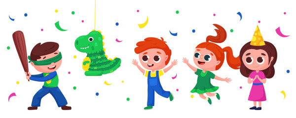 Fototapeta premium Children play pinata. Boy ready to break dinosaur pinata with baseball bat. Birthday party mexican style, happy girls and boys, nowaday vector scene