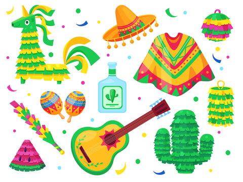 Mexican carnival elements. Poncho, guitar, sombrero hat and tequila bottle. Festive pinata toys with confetti and sweets inside, nowaday vector set