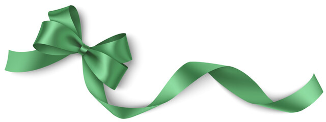 Green Christmas bow with horizontal swirl ribbon isolated on white. Holiday decoration. Vector illustration