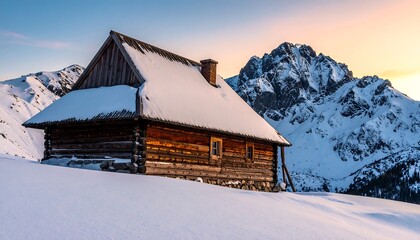 Wooden cabin covered in snow stands majestically before a backdrop of towering, snow-capped mountains at dusk