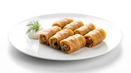 Six stuffed cabbage rolls with sour cream and dill on a white plate golabki holubtsi