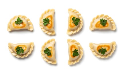 Six Pierogi dumplings with parsley garnish arranged on a white background food polish food