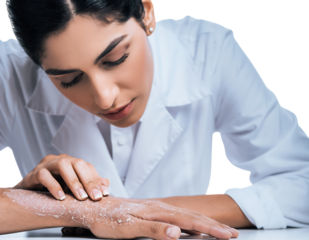Scientist examining skin texture with exfoliating scrub isolated on transparent background