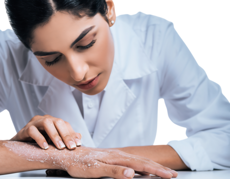 Scientist examining skin texture with exfoliating scrub isolated on transparent background