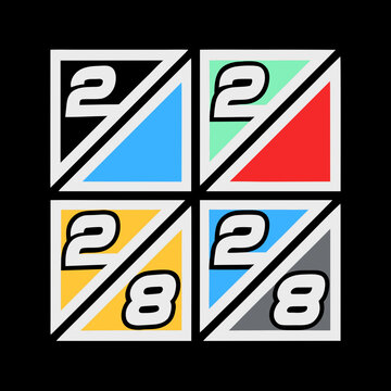 Four squares with numbers 2 and 8 in bold white number 2