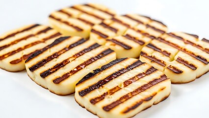 Sliced grilled halloumi cheese with dark grill marks on white plate grilled cheese slices