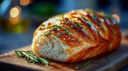 Freshly baked golden bread loaf sliced on a wooden board, topped with herbs for a warm, rustic, homemade feel