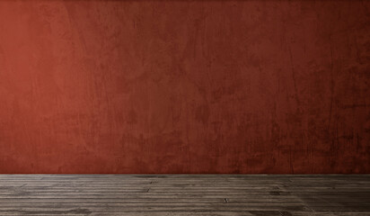 Empty Industrial Loft Room Interior Background Template. Rough Red Concrete Cement Wall Texture Backdrop. Vintage Weathered Wood Floor Planks. Urban Modern Design Blank Copy Space Banner Concept.