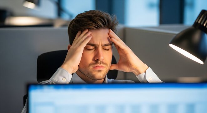Exhausted young businessman suffering from a severe headache or migraine while working late in the office.