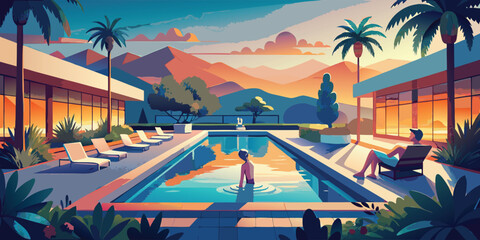 Midcentury modern resort pool scene at sunset with palm tree and mountain backdrop