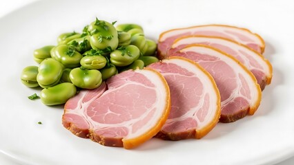 Sliced smoked pork belly with fresh green fava beans on a white plate sliced pork green beans
