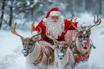 a santa claus with a beard and red costume rides on a sleigh in the snow with reindeer