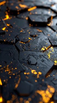 A dark, textured surface of geometric shapes illuminated with glowing, golden light