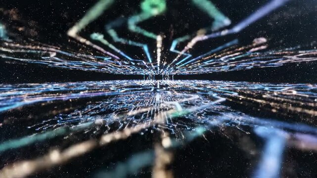 Illuminated digital particles flowing along a constantly changing, complex nonlinear network path across a dark void illuminated digital particles, geometric, seamless loop