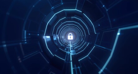 An immersive, abstract 3D visualization of a digital security tunnel with glowing blue circuit lines receding into the distance