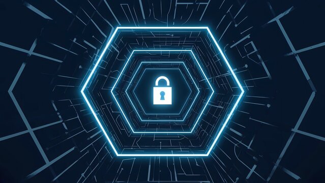 An abstract, clean visualization of a digital security tunnel, featuring receding hexagonal geometric lines that create a pathway effect on a dark blue background