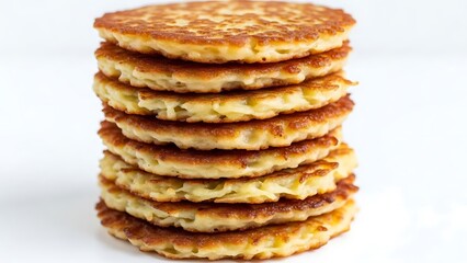 Stack of golden brown potato pancakes with crispy edges on a white background latkes hash browns