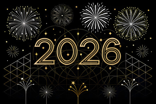 happy new year poster with fire works in illustration art and black background  , season greeting , vector art 