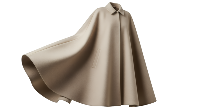 Elegant beige women's fashion cape with a classic collar and flowing fabric, perfect for a sophisticated look, professionally isolated on transparent background