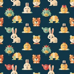 Seamless pattern of cute Chinese zodiac animals in a modern flat design style on a dark background.