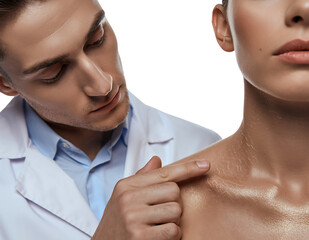 Dermatologist examining womans skin condition on shoulder isolated on transparent background