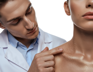 Dermatologist examining womans skin condition on shoulder isolated on transparent background