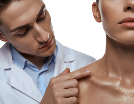 Dermatologist examining womans skin condition on shoulder isolated on transparent background