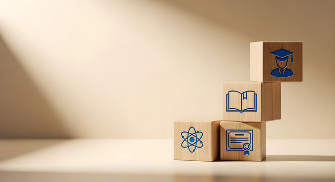 Education Progress Learning Wooden Blocks Blue Icons Copy Space