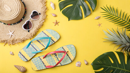 delight in the beauty of summer Bright summer accessories laid out on vibrant yellow background with sunhat, sunglasses, and flip flops ready for beach fun