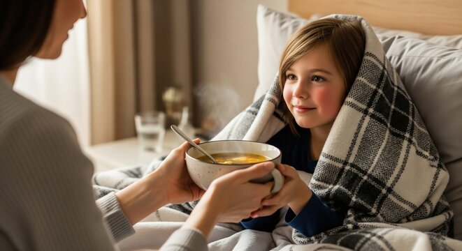 Mother giving hot chicken soup to a sick child resting warmly in bed.