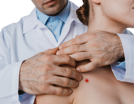 Dermatologist examining mole or skin lesion on patient shoulder isolated on transparent background