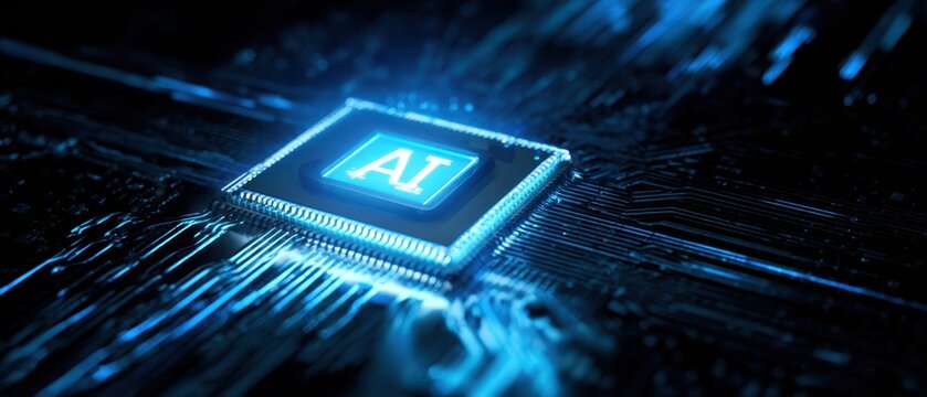 The AI chip glowing on a futuristic circuit board with neon blue lighting
