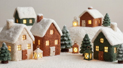 Fototapeta premium Knitted Christmas village scene. Miniature houses with glowing windows, trees, and lanterns. Cozy, warm winter holiday atmosphere.