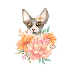 Sphynx cat head in flowers. Sphinx hairless animal with peony. Cute floral kitty. Spring watercolor illustration isolated from background. Hand drawn character for card, fashion, textile, stationery