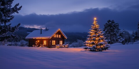 Fototapeta premium a christmas tree with candles stands in the snow next to a lonely romantically lit hut in mountains