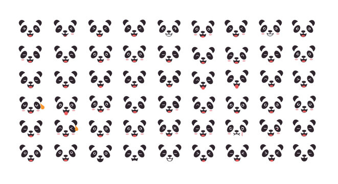 Adorable collection of cartoon panda faces expressing a wide array of emotions and feelings on a white background.