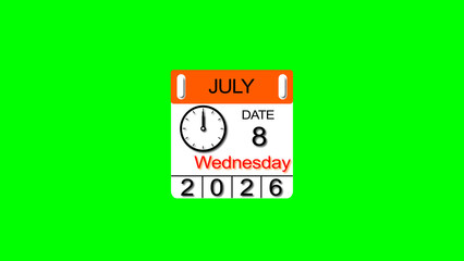 July 8 Date 2026 Calendar. 4K calendar with Clock illustration, blue background clean and stunning 4k illustration.