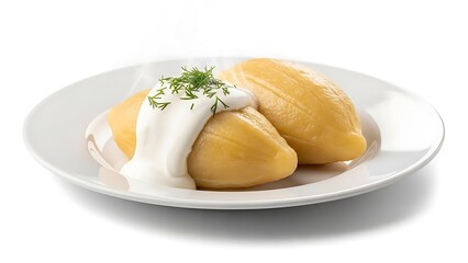 Three potato dumplings topped with sour cream and dill on a white plate cepelinai zeppelins