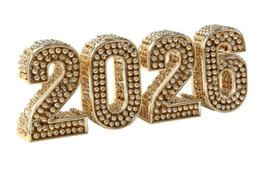 3 D Golden Number 2026 with Gold Beads isolated on a transparent background