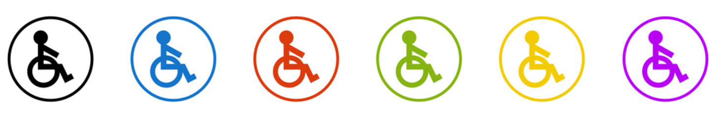 Banner mit 6 farbigen Icons im Kreis: Rollstuhl