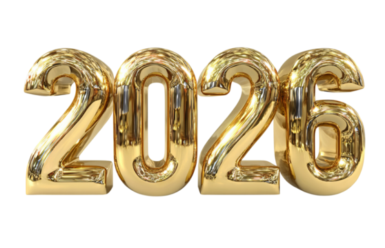 Golden 2026 Numbers isolated on a transparent background 