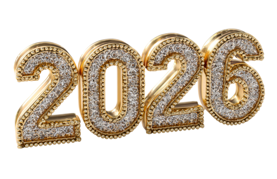 3 D Golden Number 2026 with Diamond Accents isolated on a transparent background