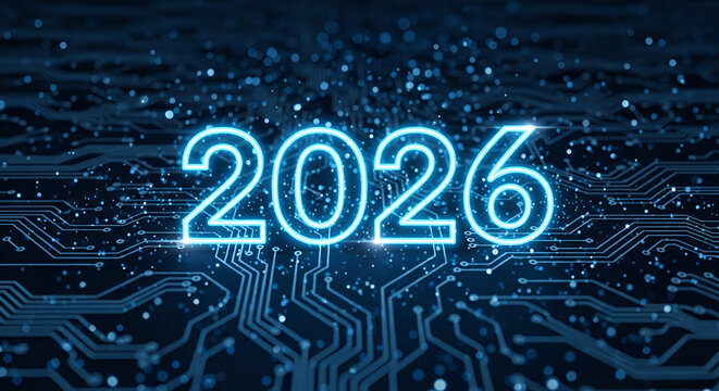 greeting card 2026 blue technology and digital theme, christmas and new year, festive atmosphere, number text