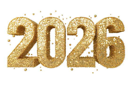 Golden 2026 Numbers with Small Gold Dots isolated on a transparent background