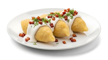 Three potato dumplings topped with sour cream bacon bits and dill on a white plate food