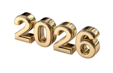 Golden 3 D Year 2026 Numbers isolated on a transparent background