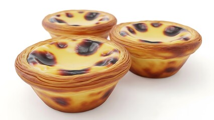 Three Portuguese Custard Tarts with Caramelized Tops on White Background pastel de nata