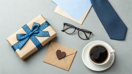 father's day concept A neatly wrapped gift with a blue bow sits on a table alongside a cup of coffee, glasses, a tie, and colorful envelopes