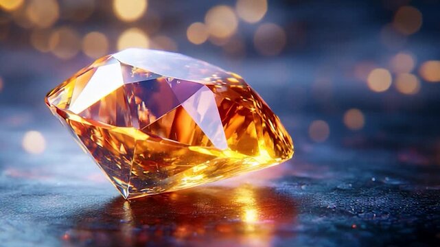 Stunning Orange Diamond Gemstone Sparkles on Reflective Surface.